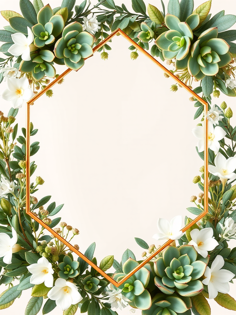 Create a high-resolution floral frame design featuring green succulents, eucalyptus, and white flowers with a geometric gold outline, captured using a DSLR camera, 50mm lens at f/2.8 for a soft background blur, in natural light.
