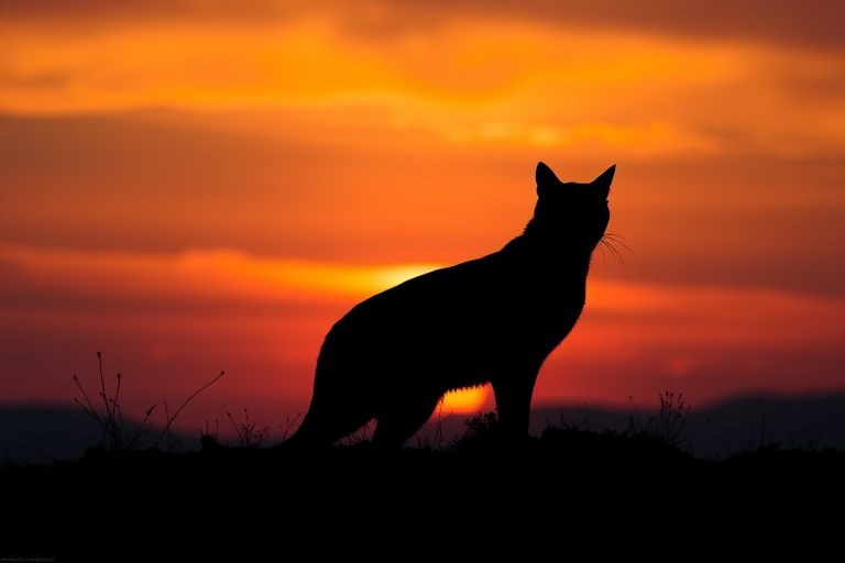Generate a high-resolution image of a stylized black silhouette of a cat standing on a hill against a vibrant sunset, shot with a Canon EOS R5, 50mm lens, f/1.8 aperture, ISO 100, in HDR style for enhanced detail and color contrast.