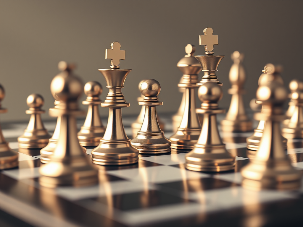 Create a high-resolution 3D render of a chessboard with metallic pieces, using a Canon EOS R5 camera, aperture f/8, ISO 100, shutter speed 1/60s, with a low-angle view and soft diffused lighting to enhance reflections and details on the chess pieces.