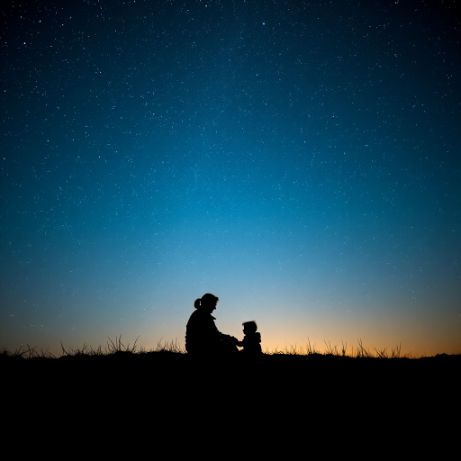 Create a scene depicting a silhouette of a parent and child sitting on a hill under a starry sky filled with a galaxy of stars, using a Canon EOS R5, 50mm lens, f/1.8 aperture, ISO 800, with a soft focus on the foreground, capturing a serene and whimsical atmosphere.