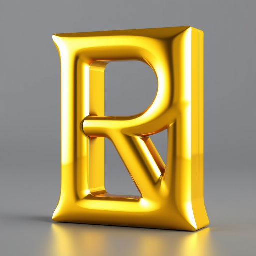 Generate a high-resolution 3D render of a golden letter R with a shiny, reflective surface, using a Canon EOS R5, 50mm lens, f/1.8 aperture, ISO 100, natural lighting, and a slight tilt for a dynamic perspective.