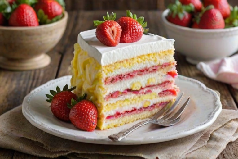 Create an image of a slice of layered cake with pink and yellow sponge layers, topped with white frosting and garnished with fresh strawberries. The background should feature a rustic wooden table with more strawberries and a soft, pastel-colored cloth.