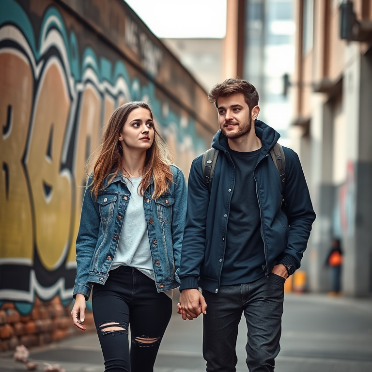 Capture a candid street photograph of a young couple walking hand in hand, showcasing urban fashion, with a focus on depth of field, using a DSLR camera at f/2.8, ISO 200, 50mm lens, natural light, and a slightly elevated angle to emphasize the modern graffiti background.