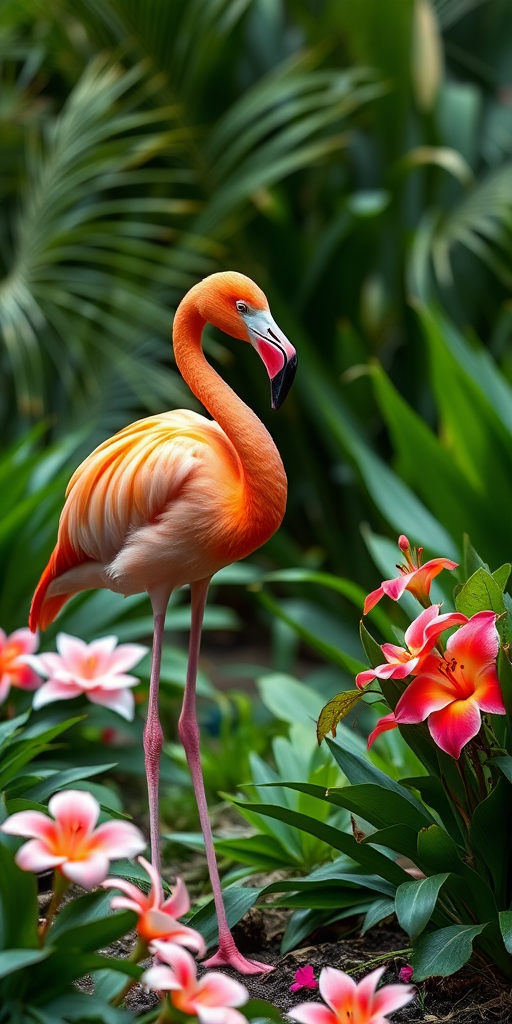 A vibrant pink flamingo standing gracefully amidst lush greenery and elegant flowers, captured with a Canon EOS R5, 85mm lens, f/1.4 aperture, ISO 100, soft diffused lighting for a dreamy effect.