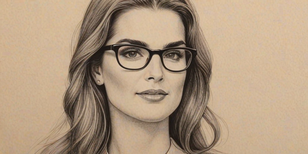 Captivating Brooke Shields, pencil sketch, portrait of Beauteous woman 1923s in glasses, hair style beatnik, outline, clear lines, fine lines, 8k