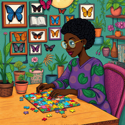 A vibrant and whimsical illustration of an african american woman sitting at a table working on a colorful jigsaw puzzle. she is wearing round glasses, and patterned clothing in shades of purple and green.  The background features an eclectic collection of framed butterflies, potted plants, and other natural elements, creating a warm and inviting atmosphere. The style is playful and modern, with rich textures, intricate details, and a lively color palette.