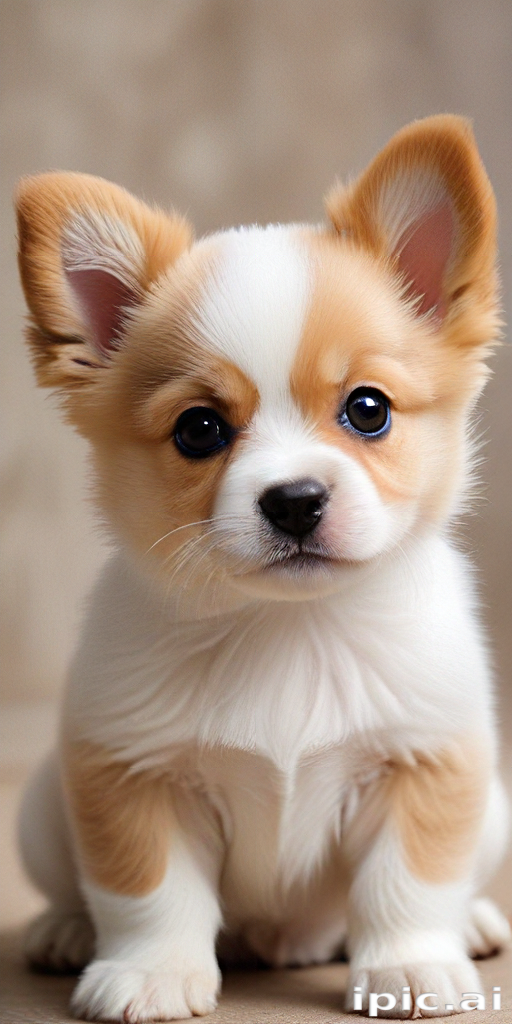 Adorable Corgi Puppy with Fluffy Fur and Big Bright Eyes Sitting Cute.