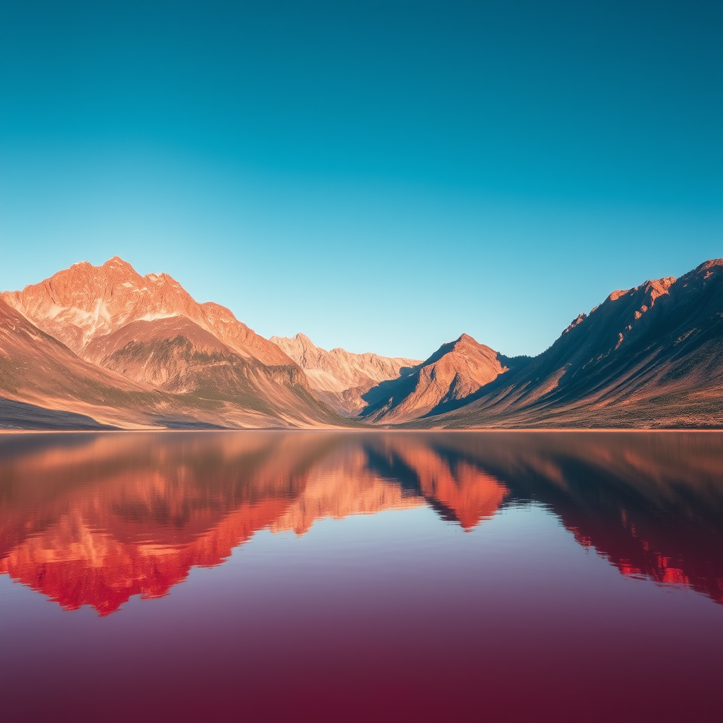Landscape photograph of a reddish lake reflecting mountains under a blue sky taken with a Canon EOS R5, 24mm f/1.4 lens, ISO 100, f/8, 1/250s, using a wide-angle perspective to capture the expansive scenery and enhance details in the reflections.
