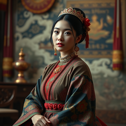 A beautiful Quechua woman in traditional East Asian attire, intricately detailed with embroidered patterns, sitting gracefully in a richly decorated room, soft ambient lighting, serene and elegant, ultra-realistic, 8K resolution