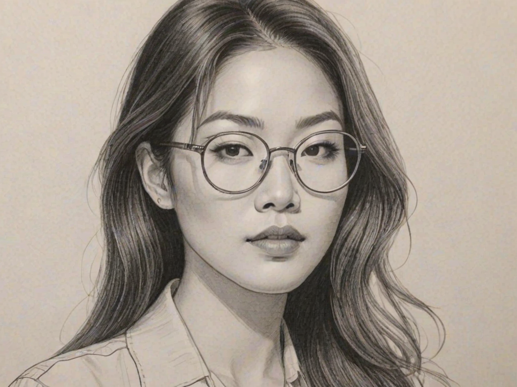 Alluring Arden Cho, pencil sketch, portrait of Alluring woman 1970s in glasses, hair style beatnik, outline, clear lines, fine lines, 8k