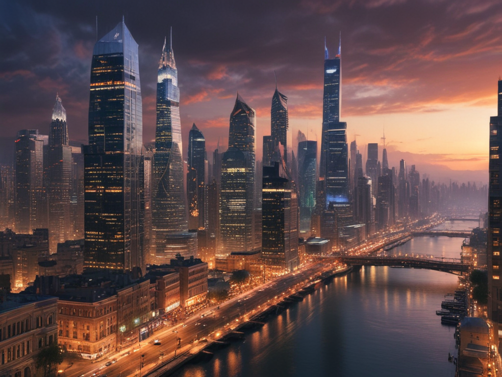 Stunning Urban Skyline at Dusk with Reflections on Calm River