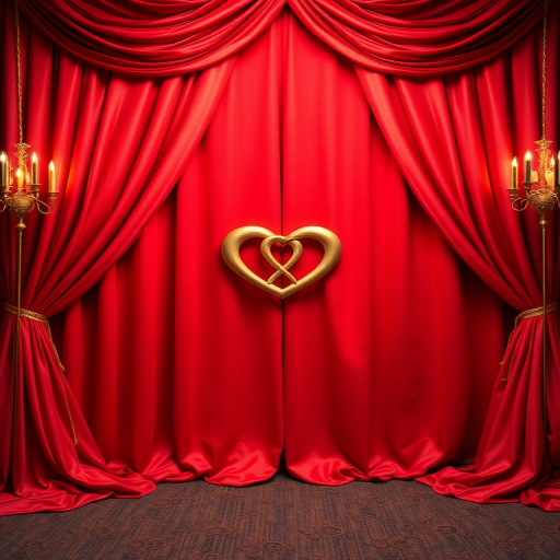 Create an elegant background featuring a rich red drapery with golden accents and a pair of intertwined hearts in the center, use a DSLR camera with a 50mm lens, f/2.8 aperture, ISO 100, and a soft focus effect for enhanced depth and detail.