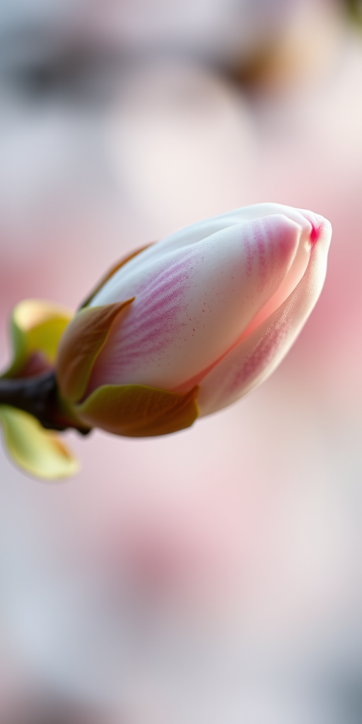 Close-up of a magnolia bud on a branch with soft focus background, f/2.8, ISO 100, 1/200s, macro lens, natural light, DSLR.