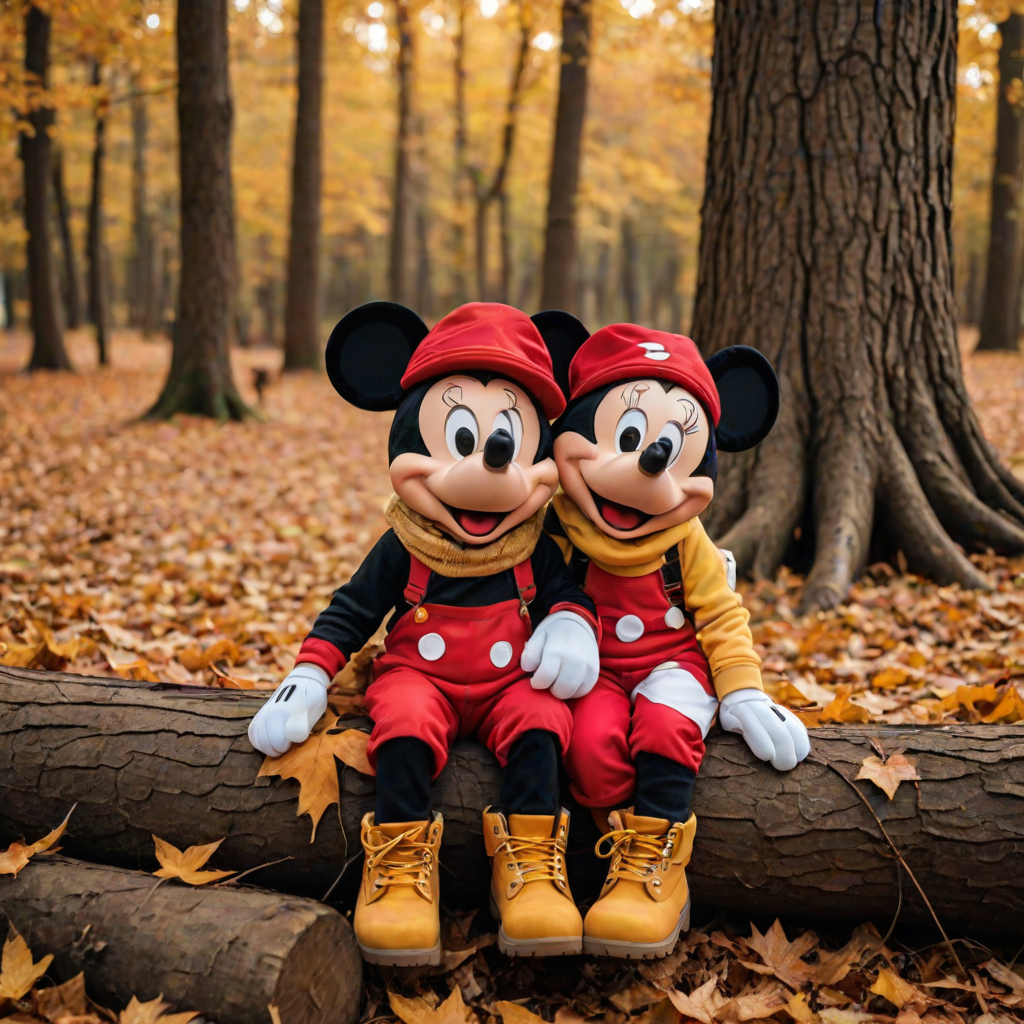 Two Adorable Mickey and Minnie Mouse Dolls Enjoying Autumn in the Forest