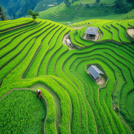 A scenic view of lush green rice terraces with a farmer working in the field and a traditional shelter in the background, captured with a Canon EOS R5, 24mm lens, f/8 aperture, ISO 100, natural light, aerial view.