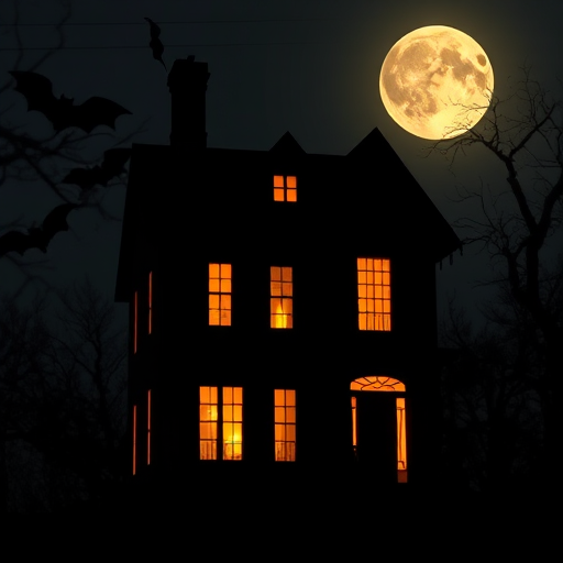 Create a spooky silhouette of a haunted house with glowing orange windows, under a full moonlit sky, captured with a DSLR camera, 50mm lens, f/1.8 aperture, ISO 200, and a soft focus effect for an eerie atmosphere.