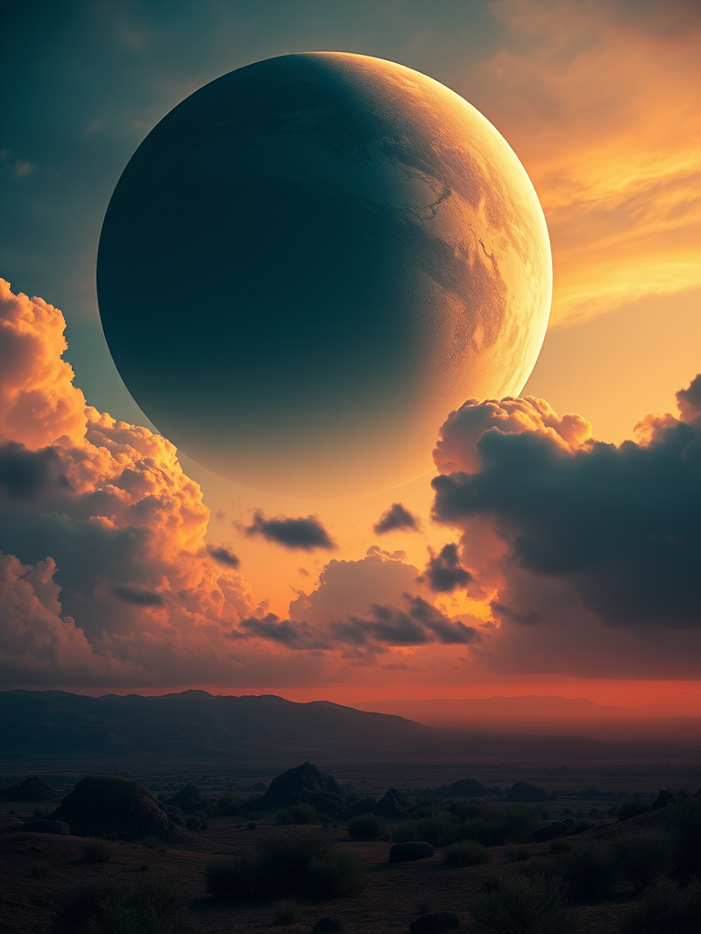 Create a high-resolution image of a scenic alien landscape at sunset with dramatic clouds and a massive planet in the sky, using a DSLR camera with a 24mm lens, aperture set to f/11, ISO 100, and a shutter speed of 1/125 sec, capturing a wide-angle view for enhanced depth and clarity.