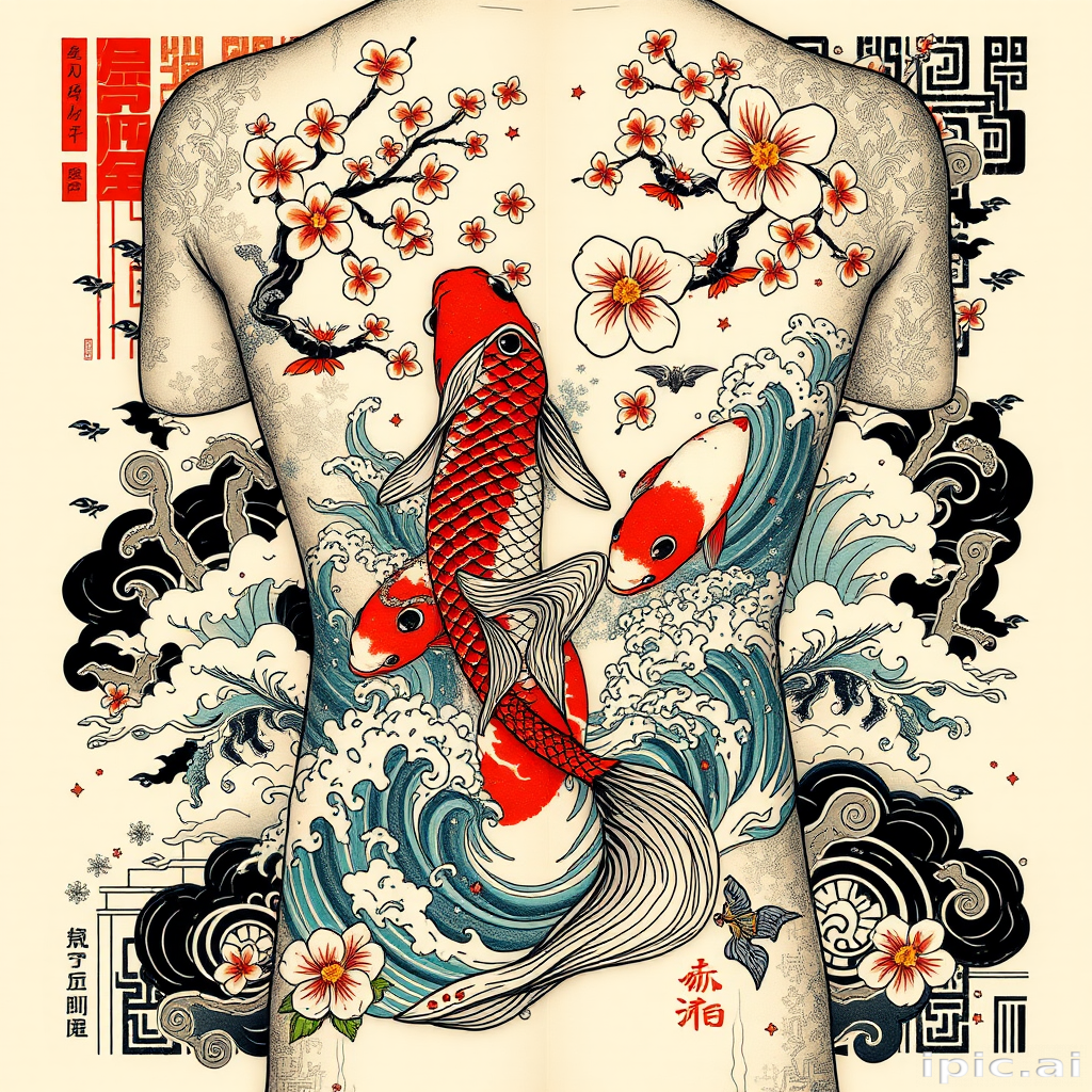 Elegant Japanese irezumi tattoo called "Koi Ascension" showcasing a large-scale composition of koi fish swimming upstream through swirling water and cherry blossoms rendered in vibrant colors with bold black outlines and intricate background patterns incorporating traditional Japanese motifs such as waves clouds and wind bars to create a dynamic flow across the entire body