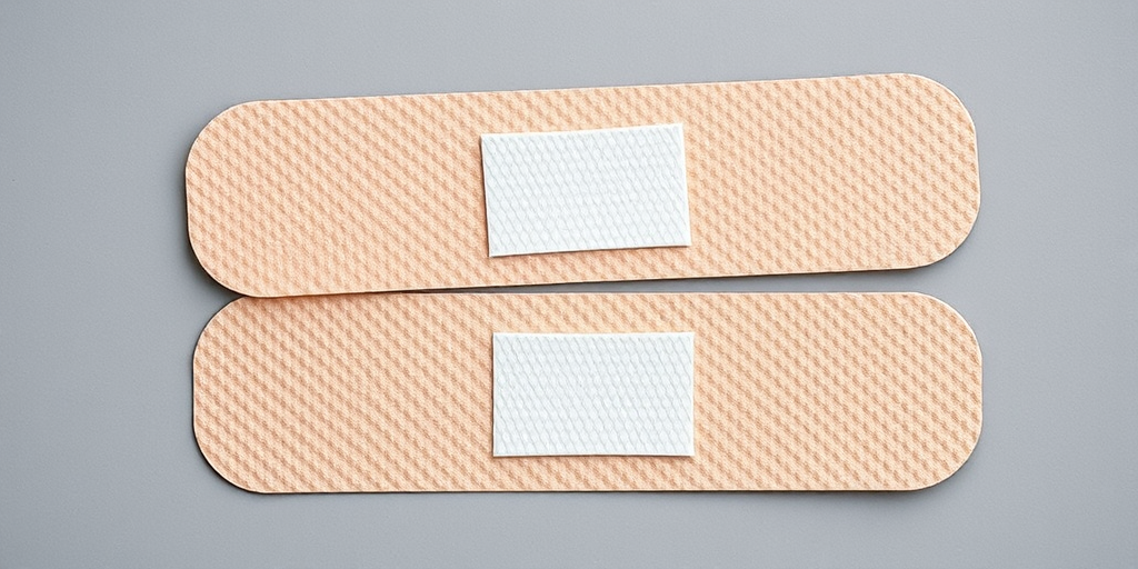 Create a high-resolution image of two adhesive bandages, one positioned above the other, each with a diamond pattern and a blank center, using a DSLR camera with a 50mm lens, aperture f/2.8, ISO 200, shot from a top-down view with soft lighting to enhance texture and colors.