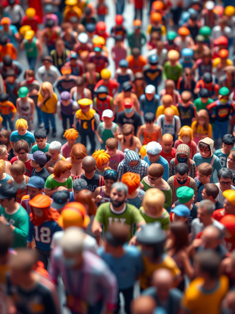 Create a vibrant and colorful pixel art scene featuring a diverse crowd of characters in various poses and interactions, captured with a Canon EOS R5, 35mm lens at f/8, ISO 100, with a focus on sharpness and depth, using a flat lay perspective to enhance the overall composition.