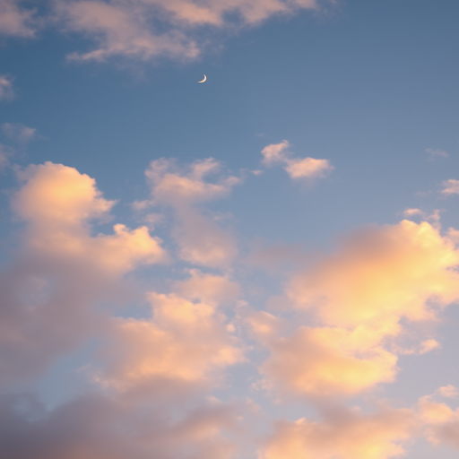 A serene sky with fluffy clouds and a crescent moon, captured with a Canon EOS R5, 50mm lens, f/8 aperture, ISO 100, using golden hour lighting for enhanced soft contrasts and vibrant colors.
