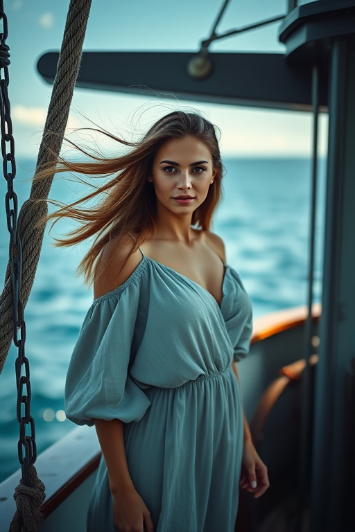 Create a portrait of a woman with flowing hair standing on a ship, with the ocean in the background, shot with a Canon EOS R5, 50mm lens, f/1.8, ISO 100, aperture priority mode, soft natural lighting for a dramatic effect.
