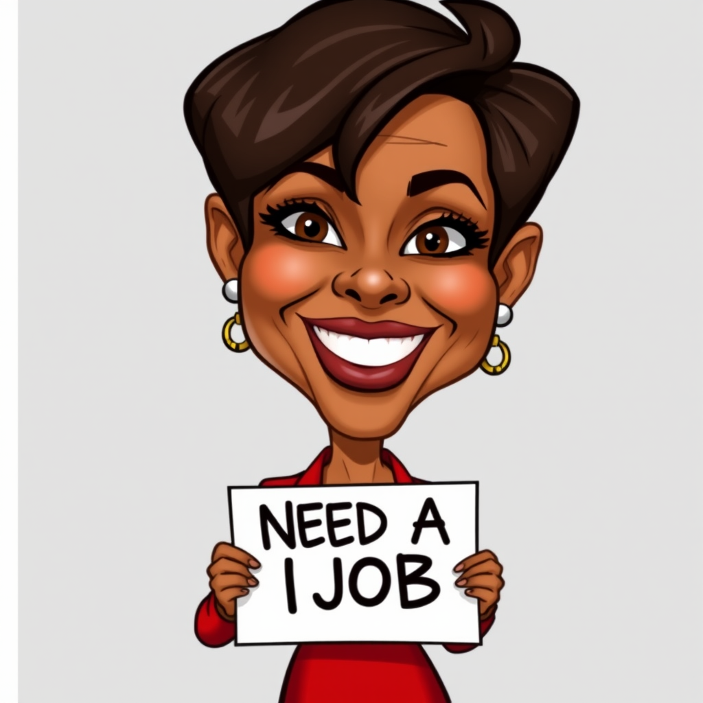 caricature of a smiling Halle Berry in a Scarlet dress or suit, holding up a sign that says "NEED A JOB", no watermark,