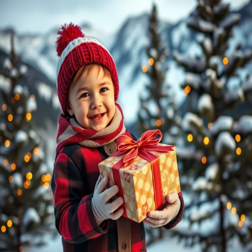 Generate a winter scene featuring a smiling child holding a beautifully wrapped gift, surrounded by snow-covered mountains and pine trees, using a DSLR camera with a 50mm lens at f/1.8, ISO 200, and a soft focus background for a dreamy effect.