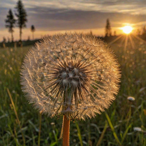 This is a photographic print, a close-up photo of a dandelion in a meadow, with the setting sun illuminating the edges of the dandelion.