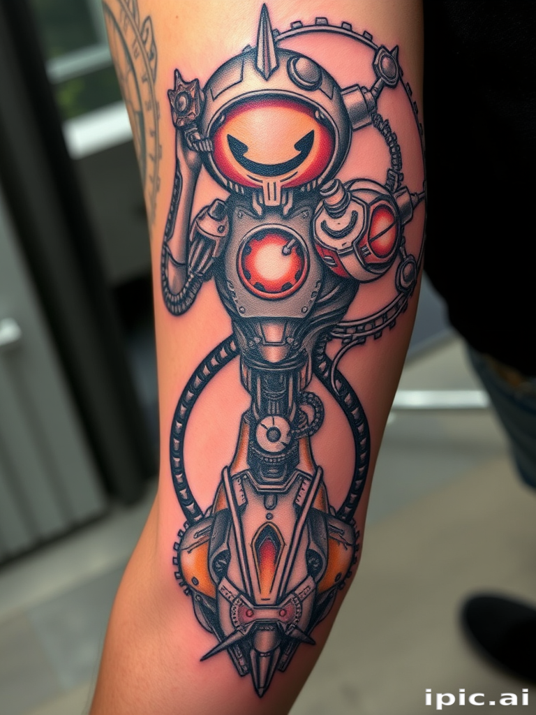 Biomechanical tattoo named "Cybernetic Fusion" blending organic forms with mechanical elements to create the illusion of exposed robotic parts beneath the skin, admired for its intricate detailing and futuristic aesthetic