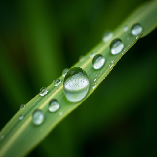 Close-up of a green leaf with water droplets, macro photography, f/2.8 aperture, ISO 100, 1/200 sec shutter speed, natural light, DSLR camera, 50mm lens, soft focus background.