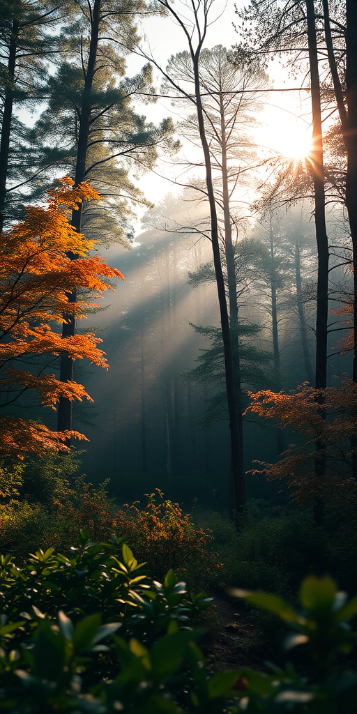 Create a high-resolution digital illustration of a tranquil forest scene at sunrise, capturing soft morning light filtering through trees, with vibrant foliage and gentle mist, using a Canon EOS R5 camera, 50mm lens, f/1.8 aperture, ISO 100, and a shallow depth of field to enhance the atmosphere and detail.