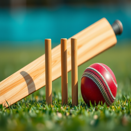 Create a high-resolution illustration of a cricket bat, three stumps, and a cricket ball, shot with a Canon EOS R5 camera, 50mm lens at f/1.8, ISO 100, 1/200 sec, using a macro photography style with vibrant colors and a blurred background for depth.