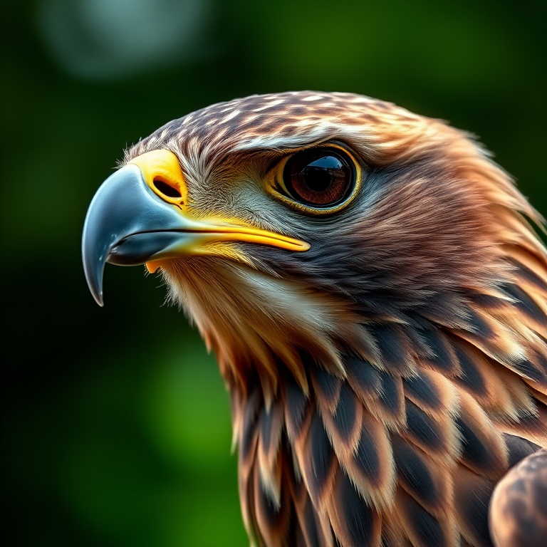 A close-up portrait of a hawk with sharp focus, vibrant colors, and a blurred background, shot with a Canon EOS 5D Mark IV at f/2.8, ISO 100, shutter speed 1/500 sec, with natural soft lighting for enhanced details.