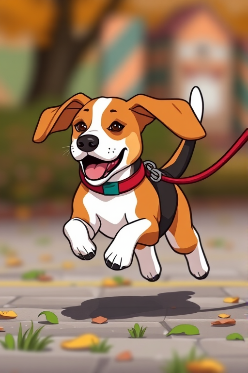 Create a colorful cartoon-style illustration of a beagle dog on a leash, captured in a dynamic running pose, use a digital camera with a 50mm lens, aperture f/2.8, ISO 100, and a shallow depth of field for enhanced clarity.