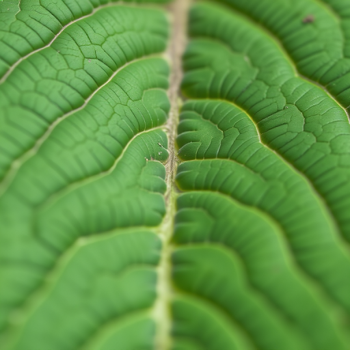 Generate an image of a green leaf with intricate winding patterns on its surface, captured with a DSLR camera, 50mm lens, f/2.8 aperture, 1/125s shutter speed, and natural lighting, focusing on macro details to enhance texture and color vibrancy.