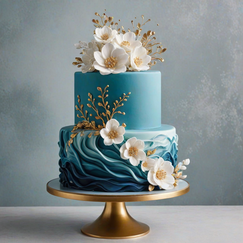 Create a visually stunning cake design featuring multiple layers with varying shades of blue and white. Incorporate elegant, wavy fondant decorations cascading down the sides. Add a striking decorative element on top that resembles a splash of water, using clear, glass-like sugar art. Include spherical accents in gold and teal for added contrast and sophistication. Ensure the cake has a modern and artistic presentation.