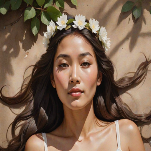 create a watercolor painting of an ethereal portrait of beautiful Tibetan woman with a simple white flower crown on her head. Her hair is long and she is lying on the ground. The sunlight on the trees casts shadows from the leaves on her face and body. The background is a neutral brown color that matches her skin tone. The image is minimalist and solid colors. This style is characterized by soft, delicate brushstrokes and a light, airy, contrasting color palette. High level of detail and play of light