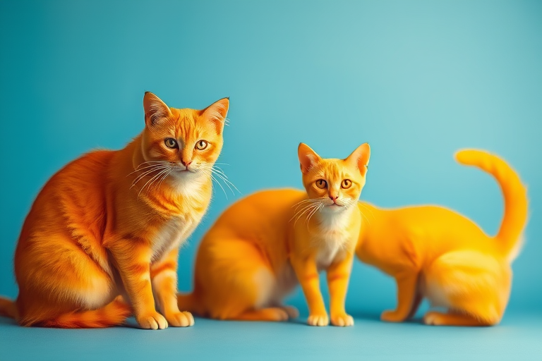 Create a vibrant abstract image of stylized cats in warm colors like orange and yellow against a cool blue background, captured with a DSLR camera at f/2.8, ISO 100, 1/250s, portrait view, and using a soft focus lens to enhance color saturation and depth.