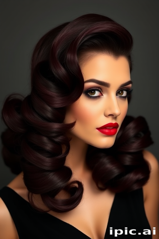 Sultry dark burgundy mane styled in voluminous vintage victory rolls, exuding old Hollywood glamour, aptly named "Velvet Vixen"