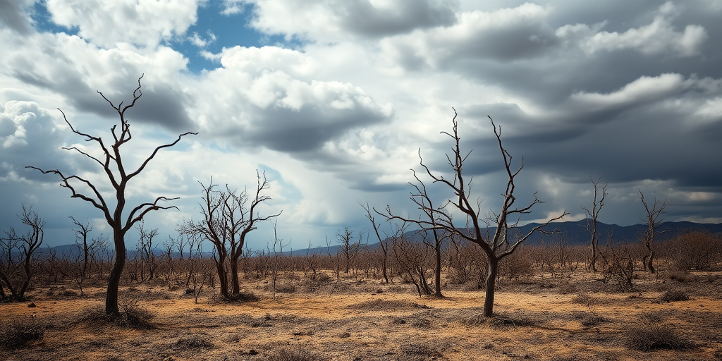desolate landscape with burnt trees under a cloudy sky, high dynamic range, soft focus, 50mm lens, f/2.8 aperture, ISO 100, shot in natural light, DSLR camera