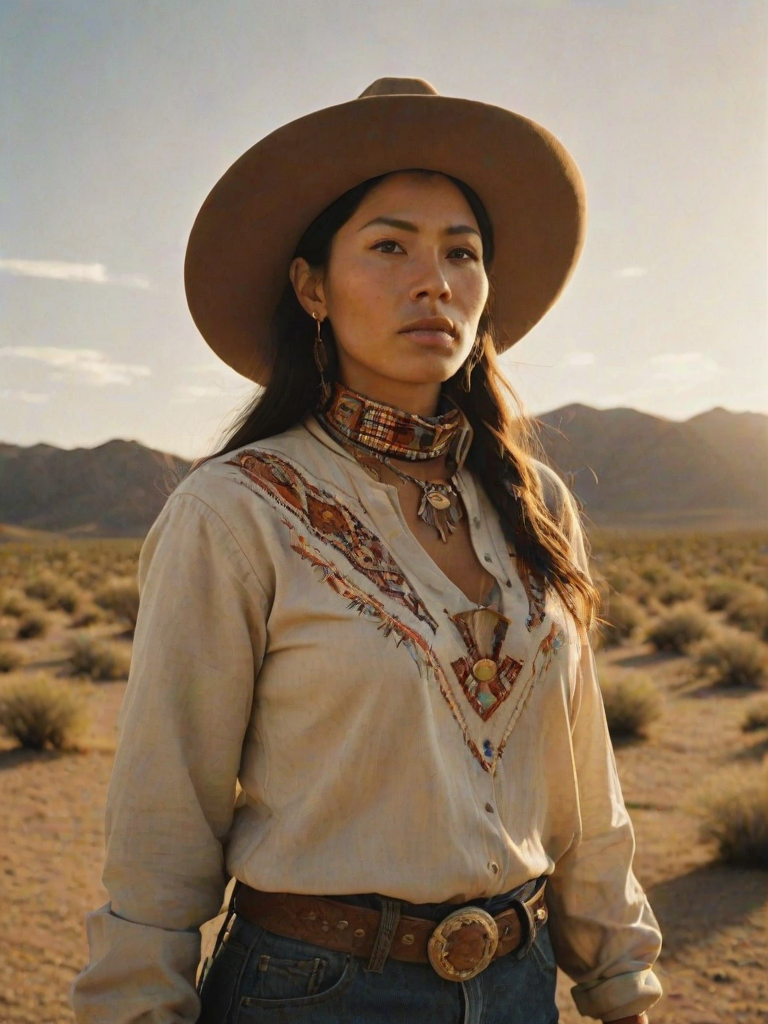 Dramatic photo of a beautiful Quechua woman, classic cowboy attire, confident and free spirit expression, half-length portrait, centered, golden hour desert landscape, warm, diffused light, low angle, medium format film camera, in style of Annie Leibovitz.