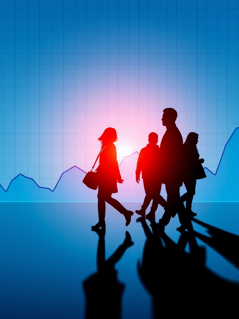 Create a high-resolution silhouette image of people walking along a dynamic graph background with a blue gradient, using a DSLR camera with a 50mm lens, aperture set at f/2.8, ISO 100, and a shallow depth of field to enhance clarity and detail.
