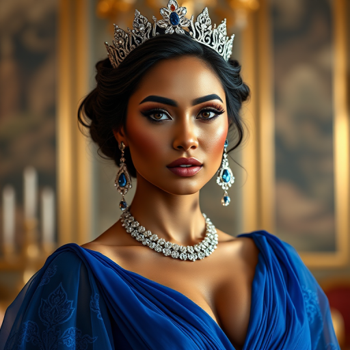 A gorgeous Maori woman in a luxurious blue gown, accessorized with a dazzling tiara and statement earrings, her deep black eyes highlighted by impeccable makeup, poised in a royal setting, photorealistic, 8K quality