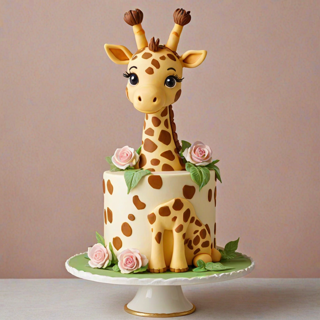 Create an image of a whimsical cake designed to resemble a giraffe. The cake should be tall and round, featuring a smooth, cream-colored frosting. Add decorative elements like ears and a snout made from fondant. The top of the cake should be adorned with fresh white flowers and green leaves for a vibrant touch. Place the cake on an elegant golden cake stand.