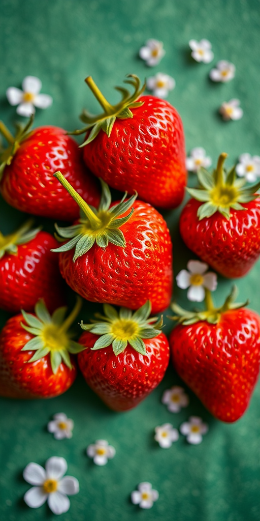 Create an image of vibrant strawberries on a textured green background with delicate floral accents, using a DSLR camera, 50mm lens, aperture f/1.8, ISO 100, shot at a 45-degree angle to enhance depth and detail.
