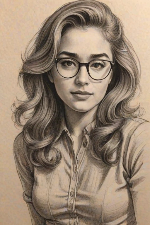 Superb Haley Lu Richardson, pencil sketch, portrait of Bewitching woman 1948s in glasses, hair style beatnik, outline, clear lines, fine lines, 8k
