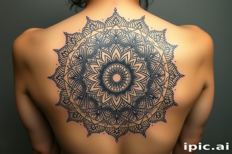 Ornate dotwork mandala tattoo called "Sacred Bloom" showcasing intricate patterns of tiny dots forming a large, circular design inspired by traditional Hindu and Buddhist symbolism, with layers of intricate details radiating outward from a central focal point, creating a mesmerizing and meditative piece of body art