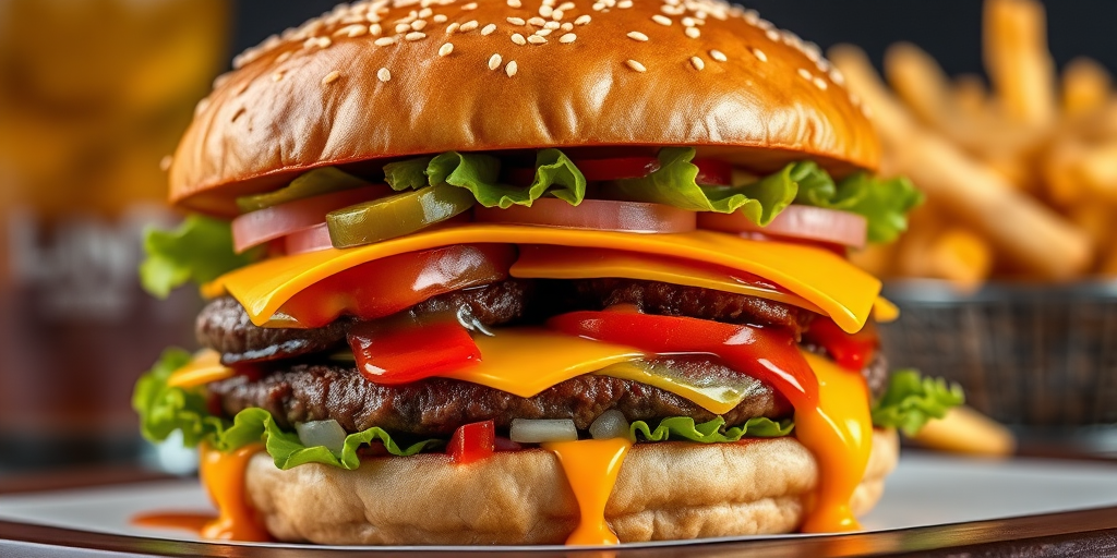High-resolution, close-up image of a gourmet double cheeseburger. The burger features a glossy, sesame-seed-topped brioche bun. Inside, there are two thick, juicy beef patties, each topped with melted cheddar cheese. The burger is garnished with fresh lettuce, tomato slices, diced onions, and pickles. A generous amount of ketchup and a creamy, orange-colored sauce is dripping down the sides, adding to the mouth-watering appeal. In the background, there are blurred elements including a side of golden French fries and a hint of a beverage, enhancing the overall presentation of a delicious meal.