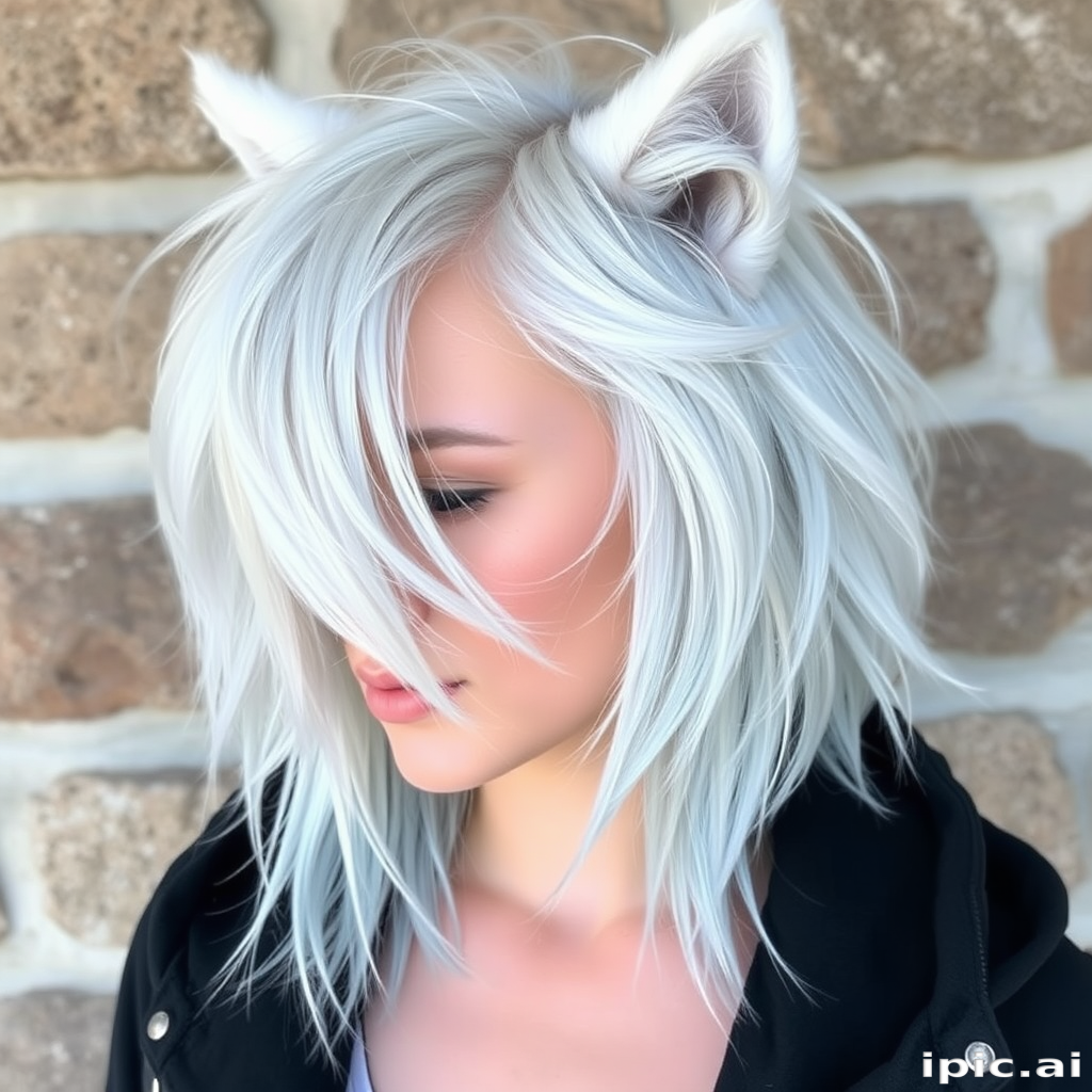 Icy platinum blonde wolf cut with choppy layers and wispy bangs, featuring cool blue undertones for a frosty and edgy aesthetic